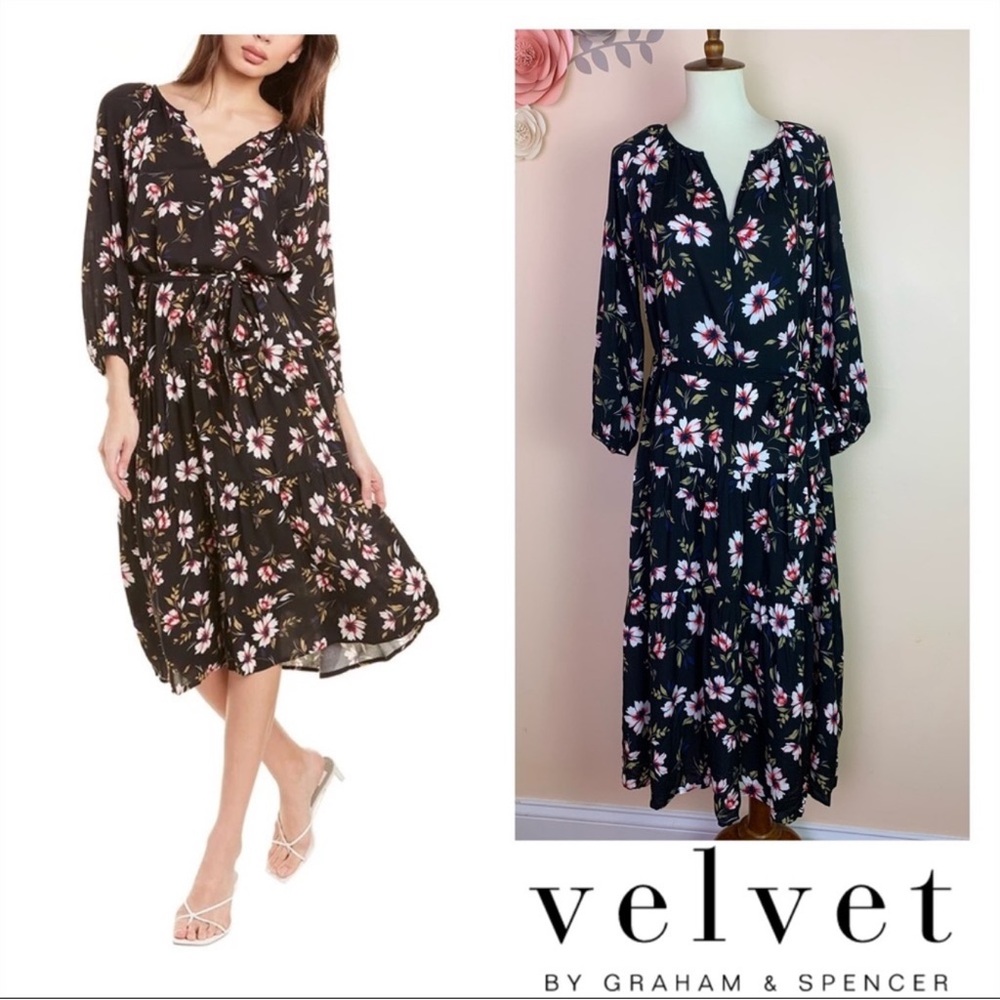 New! VELVET by GRAHAM & Spencer Tiered Belted Floral Midi Dress